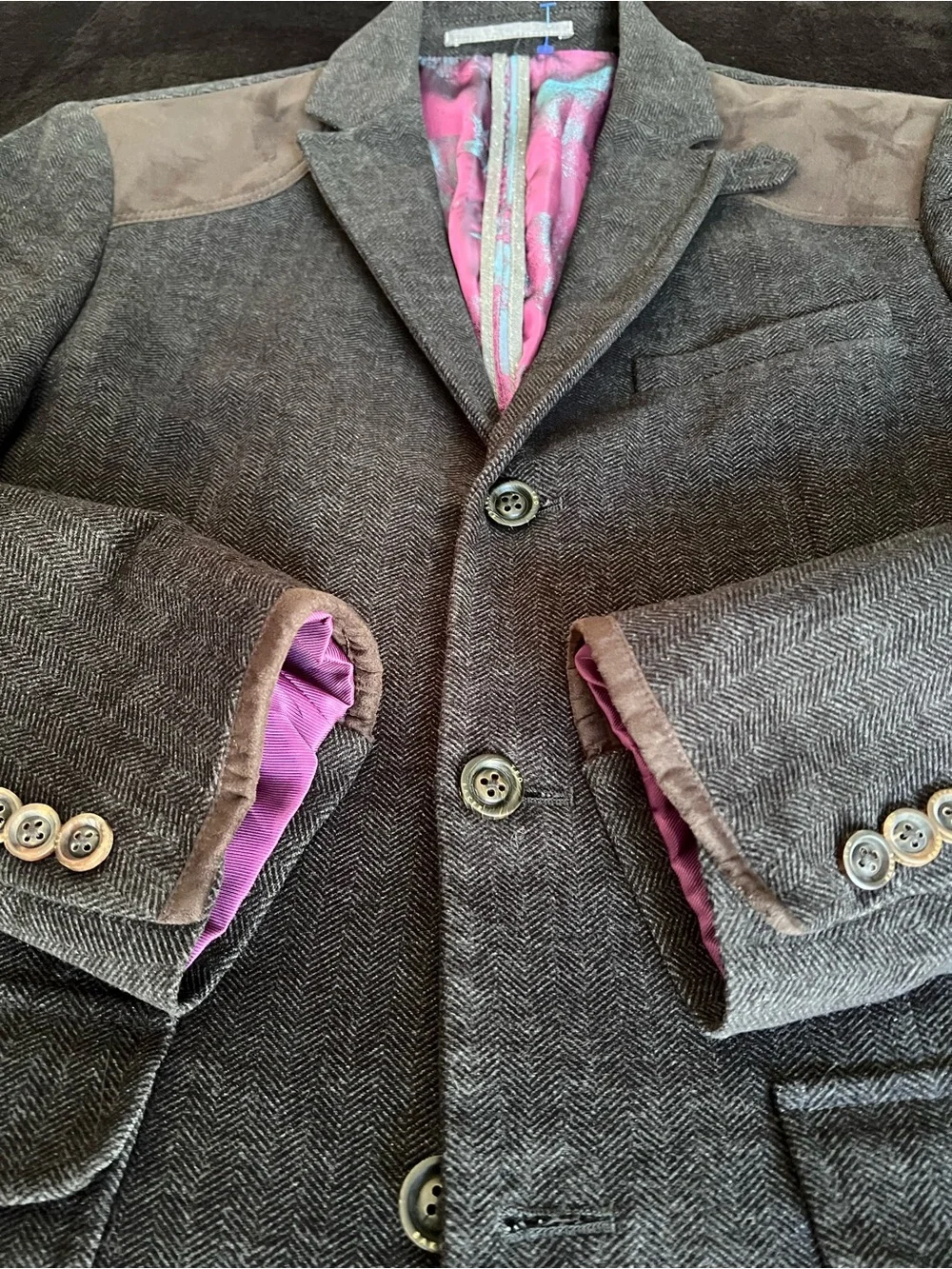 Ted Baker Gray Sport Coat with Brown Shoulder Accents and Pink Lining